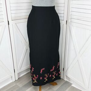 British Khaki Beaded Floral Botton Twill Pencil Maxi Skirt Black 10